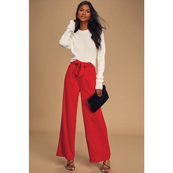 BB Dakota Red Wide Stride Wide-Leg Tie Detail Pants - Size 2 - Picture 1 of 11